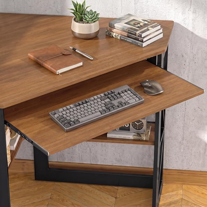 VECELO Corner Desk Computer Desk Writing Table with Smooth Keyboard Tray & Storage Shelves,Compact Home Office Triangle Table,Rustic Brown