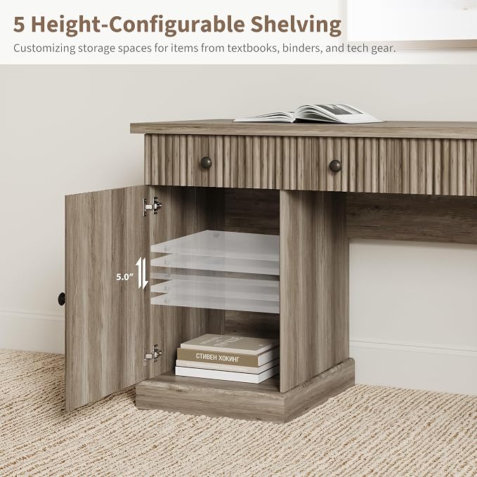 Garvee 60" Office Desk with Storage & Drawers for Home Office, Grey | Fluted Wood Executive Desk with File Drawer & Charging Station, Modern Computer Desk with Adjustable Shelves