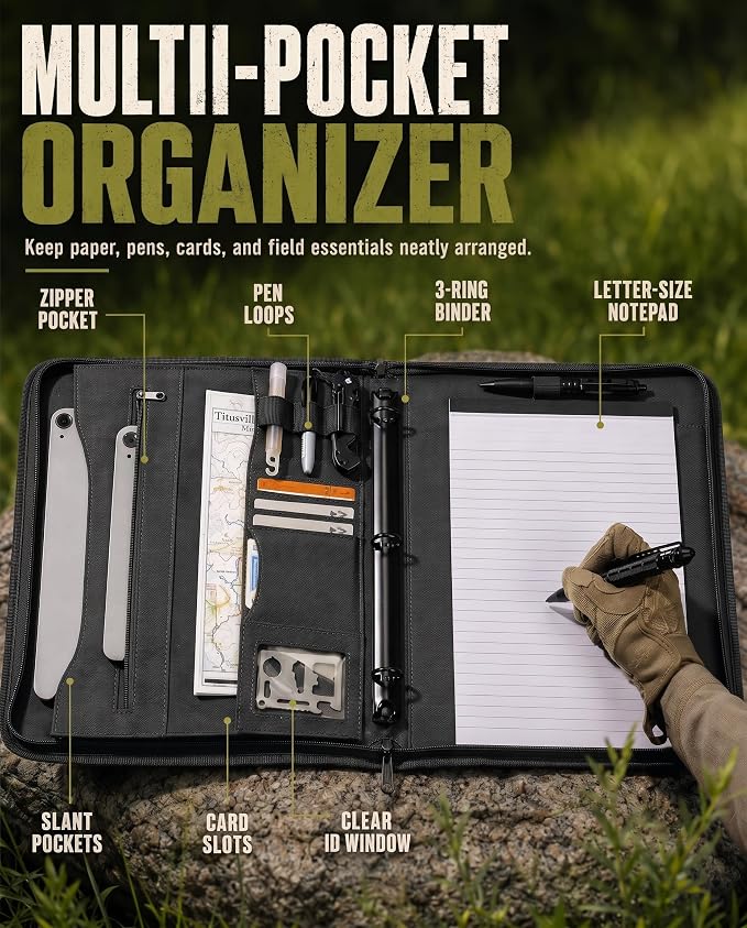 Tactical Padfolio, Detachable 3-Ring Binder with Zipper | Multi-pocket nylon organizer with carry handle, 40 letter-size sheets, pen and compass for field work, office and school