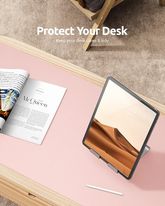 YSAGi Leather Desk Protector, Office Mat, Large Mouse Mat, Non-Slip PU Leather Blotter, Laptop Pad, Waterproof Writing Pad for Office and Home (Light Pink, 23.6" x 13.8")