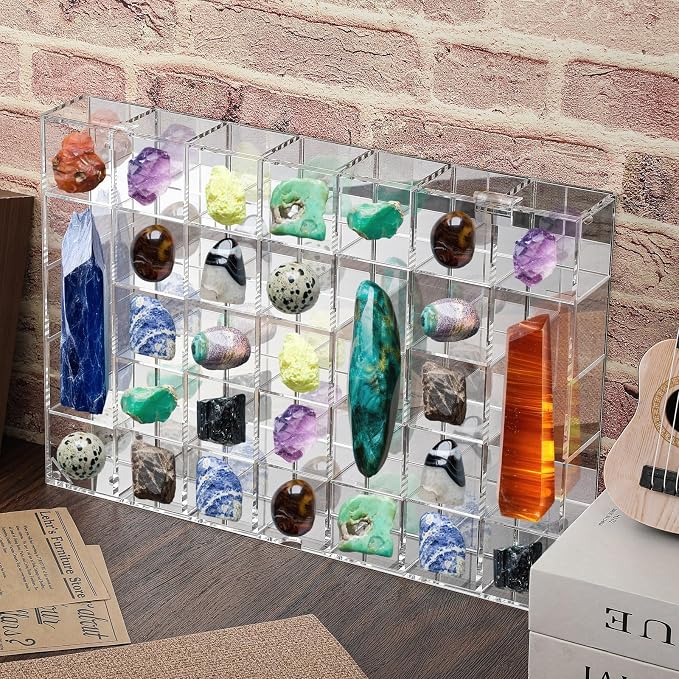 Cinnvoice Rock Display Case 35 Grids,Transparent Border, Square | Adjustable Acrylic Display Case, Crystal Organizer for Collectible, with Built-in Mirrored, Magnetic Door, Wall Mount