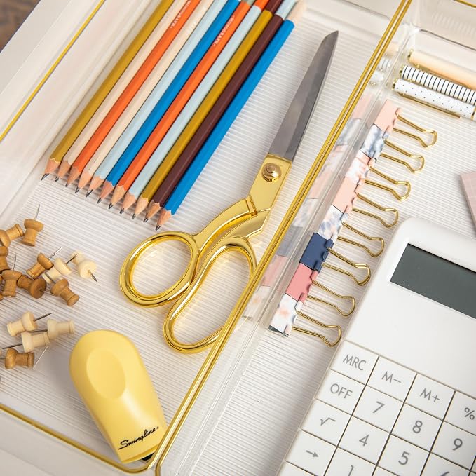 Martha Stewart Kerry Stackable Desk Drawer Organizers, Clear/Gold, 3-Pack | 12x6 in Organizers, Gold Trim, Stackable