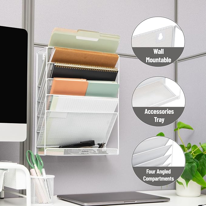 Mind Reader 5-Pocket Vertical File Storage, Desktop Organizer, Wall Mount, Office, Metal Mesh,White
