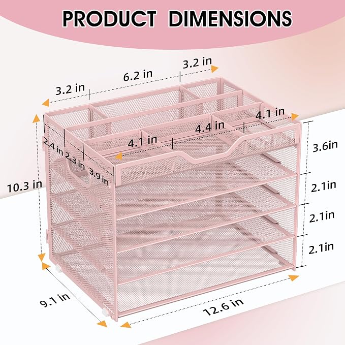 5 Tier Paper Letter Tray Desk Organizer with Pen Holders - Pink | Features 3 pen holders and 4 removable dividers.Versatile mesh desktop storage for mail, document,office supplie