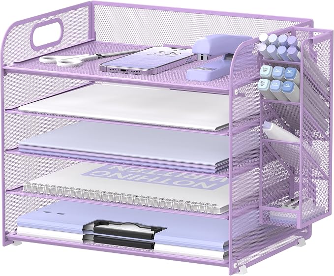 5-Tier Paper Organizer for Desk with Pen Holders, Letter Trays, Purple | Metal Mesh Desktop File Organizer with Removable Trays and 2 Handles for Paper, Files, Mail, Folders in Office Home or School