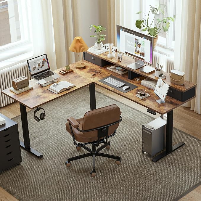 Agilestic 63 Inch L Shaped Electric Standing Desk with Drawer, Rustic Brown | 2 Stroage Drawers, Monitor Shelf, Corner Desk, Ample Workspace, Memory Presets, Hooks, Stable Steel Frame,176 lbs