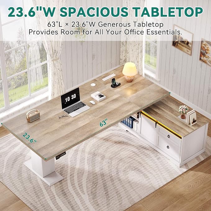 YITAHOME L Shaped Standing Desk with Power Outlets & LED Lights | 63" Farmhouse Electric Standing Desk Adjustable Height Sit Stand Corner Stand Desks with Drawers & Sliding Door, Grey Wash