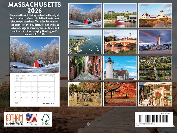 Massachusetts Calendar 2026 Wall 12 Month Monthly MA Scenic Souvenirs Themed Gifts | American Made In The USA