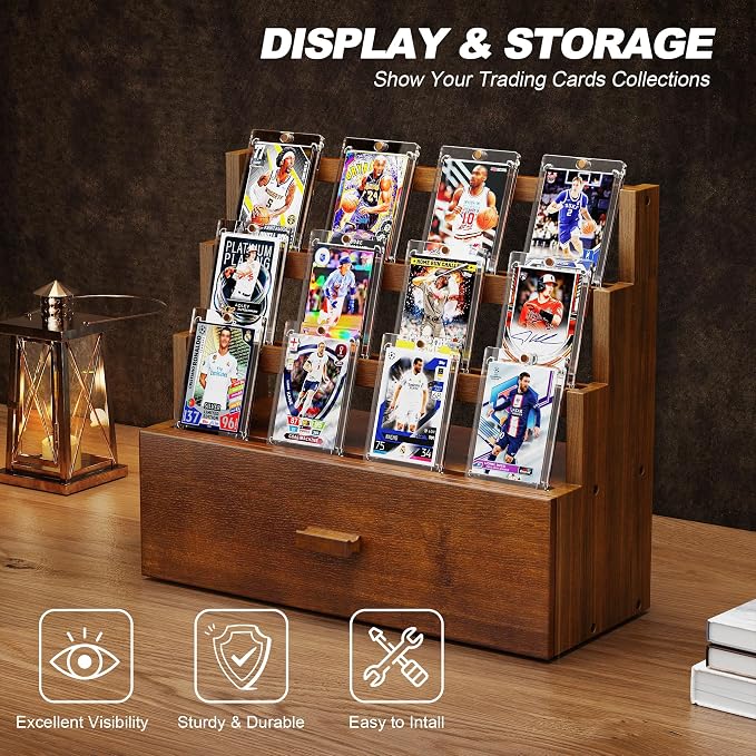 Emfogo Trading Card Display, 3-Tier Card Display Case with Custom Drawer, Wood Graded Card Display with Supporters and Dividers, Sports Card Display Case for Collection (Walnut)