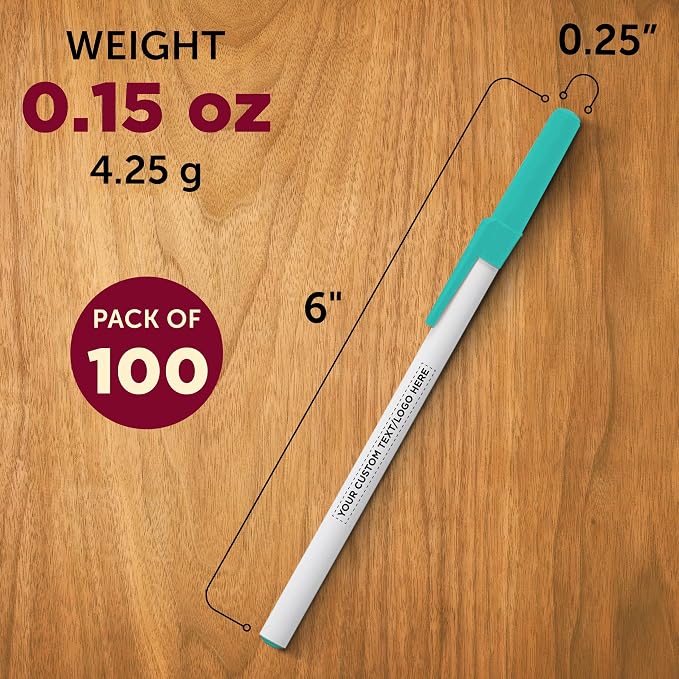 DISCOUNT PROMOS Custom Value Stick Pens Set of 100, Personalized Bulk Pack - Black Ink, Great for Office, School, Business, Tradeshows, Events - Teal
