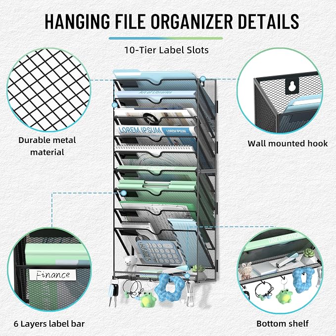10-Tier Wall File Organizer with 5 Hooks, Wall Mounted Mail Organizer | File Holder Organizer, Metal Mesh Office Wall Organizer for Home, School & Classroom