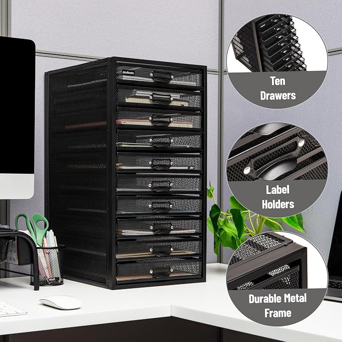 Mind Reader 10-Drawer Desk Organizer for Office Supplies, Crafts, Mail Sorting & More, Metal Mesh, Black