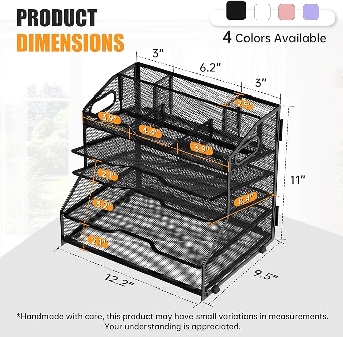 YINGHUA 5-Tier Mesh Desk Organizer, Letter Tray - Black | Sturdy steel mesh with 3 sliding trays, 2 handles, 6 adjustable top sections. U-shaped design for easy access to office files