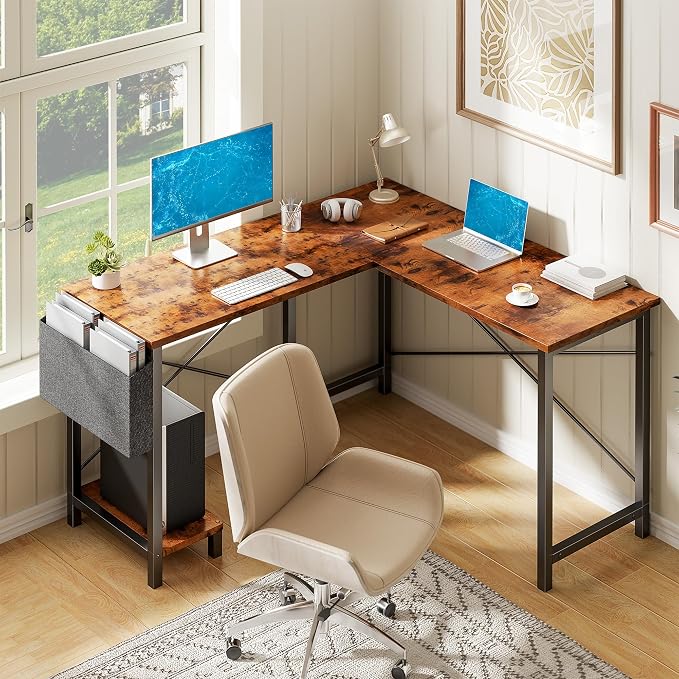 Alpen Corner Desk, L Shaped Gaming Desk with Storage Pocket and CPU Stand, Work Desk for Home Office, Small Corner Study Writing Table with Sturdy Metal Frame, 50 Inch, Rustic Brown