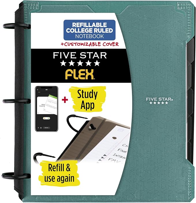 Five Star Flex Refillable Notebook + Study App, College Ruled Paper and 1 Inch TechLock Ring Binder with Customizable Cover, Pockets, Tabs and Dividers, 200 Sheet Capacity, Seaglass Green (29326AQ8)