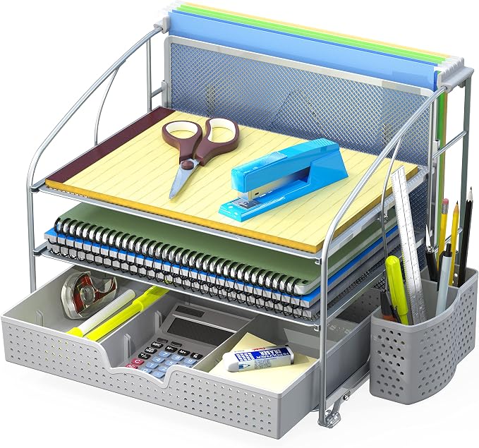 Simple Houseware 3-Tier Desk Organizer with Sliding Drawer, Silver | Hanging File Holder and Pen Holder Accessory
