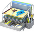Simple Houseware 3-Tier Desk Organizer with Sliding Drawer, Silver | Hanging File Holder and Pen Holder Accessory