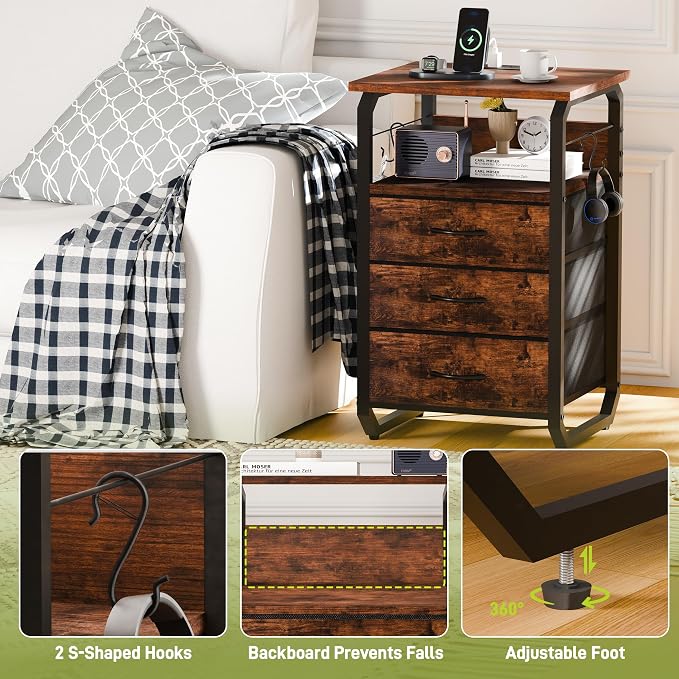 runjuly End Tables Set of 2 with Charging Station, LED Lights, Hooks, Brown | 3 Large Fabric Drawers, USB C Ports & Power Outlets, Metal Night Stand Pair, Storage Nightstand for Living Room / Bedroom
