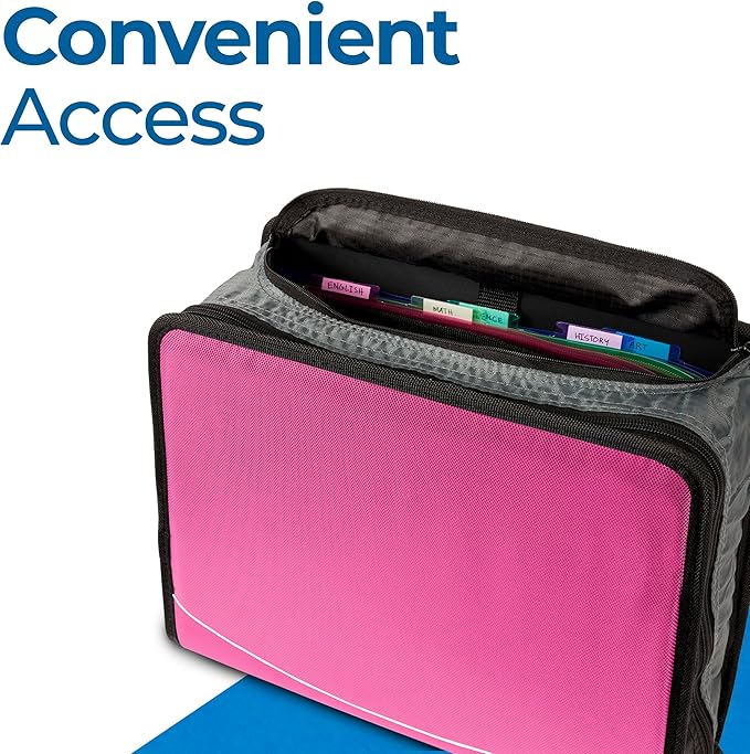 Case-it School Zipper Binder | 3" O-Rings | 600-Sheet | D-146 Light Pink | Mighty Zip Tab, 5-Color Tab Expanding File Folder, Shoulder Strap, Handle, Office