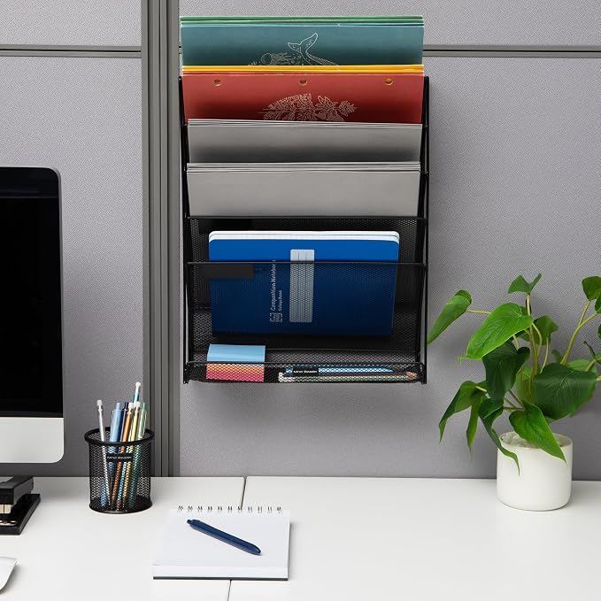 Mind Reader 5-Tier Vertical File Storage, Desktop Organizer, Wall Mount, Office, Metal Mesh, 12.75" L x 4" W x 16" H, Black (Pack of 4)