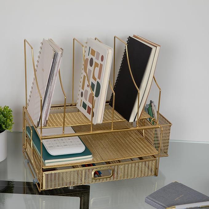 Martha Stewart Ryder Mesh Metal Desktop Organizer with Drawer, Gold | Steel Mesh, Gold Finish
