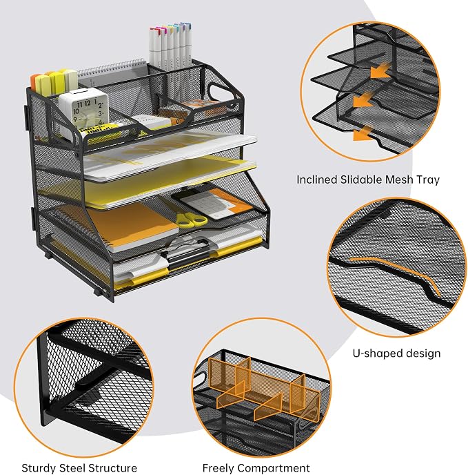 YINGHUA 5-Tier Mesh Desk Organizer, Letter Tray - Black | Sturdy steel mesh with 3 sliding trays, 2 handles, 6 adjustable top sections. U-shaped design for easy access to office files