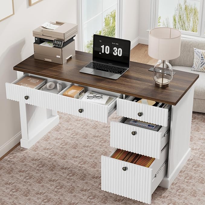 Garvee 54" Fluted Home Office Desk with File Drawer for Home Office | Modern Executive Desk with Charging Station, Wooden Compute Writing Desk for Study Room, White