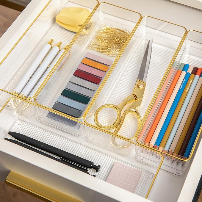 Martha Stewart Kerry Stackable Desk Drawer Organizers, Clear/Gold, 6-Pack | 12x3 in Organizers, Gold Trim, Stackable