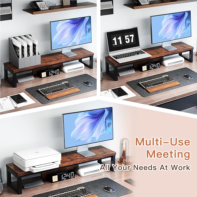 HEWORLIF Dual Monitor Stand Riser, Wood and Steel Monitor Riser, Long Computer Monitor Stands for 2 Monitors, Desk Shelf for Computer, Laptop, Printer, TV, Brown