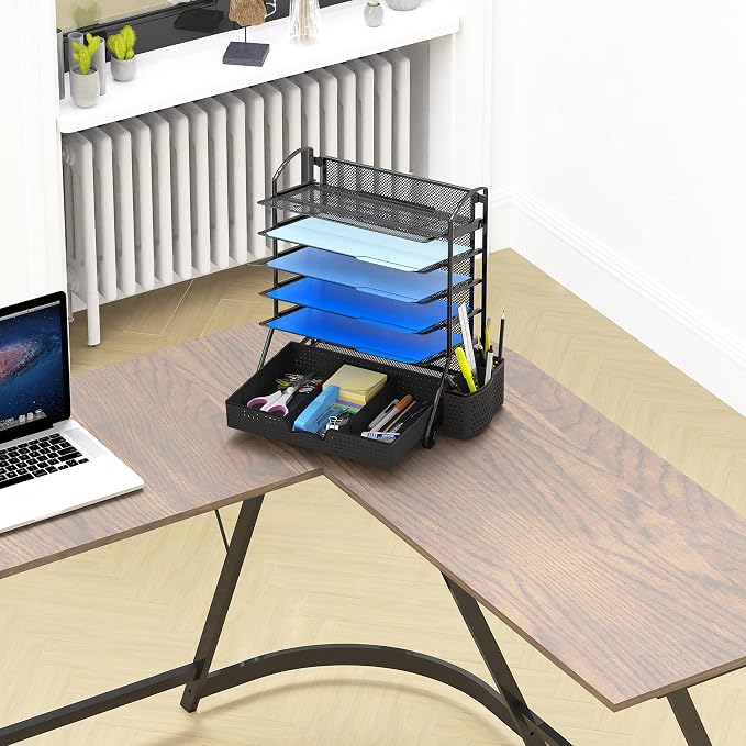 Simple Houseware 6-Tier Desk File Organizer w/Drawer & Pen Holder, Black | 5 Tilted Letter Trays for A4 Paper, Mail and Documents