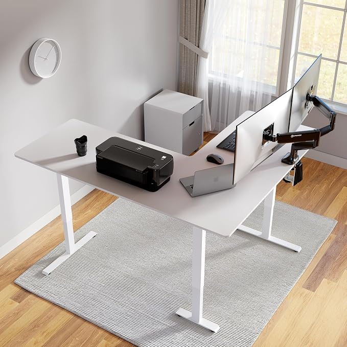 FEZIBO 63" x 55"L Shaped Standing Desk, Electric Stand up Corner Computer Desk, Sit Stand Home Office Desk with Splice Board, White