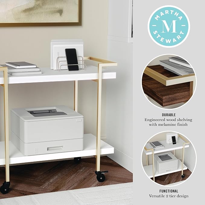 Martha Stewart Liam 2-Tier Mobile Office Storage and Printer Cart, White | Polished Brass Frame