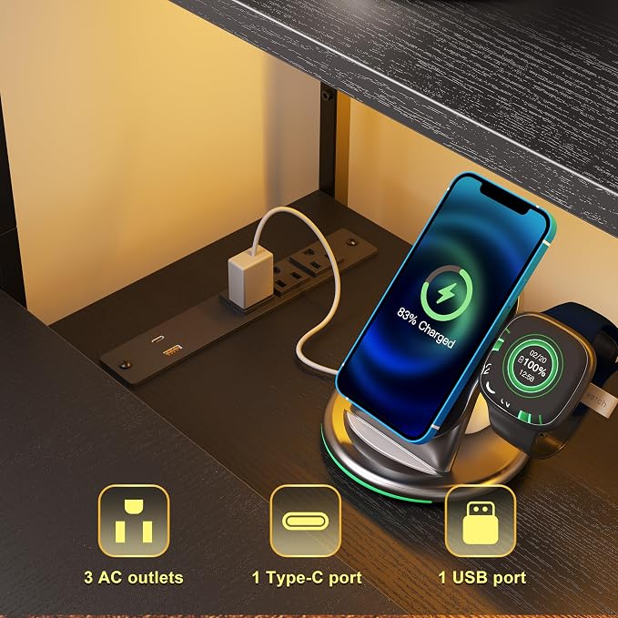 L Shaped Gaming Desk with Power Outlet & RGB Lights, Corner Computer Desk with 6 Drawers 5-Tier Shelves, PC Workstation with USB/Type-c Charging for Home Office, Black