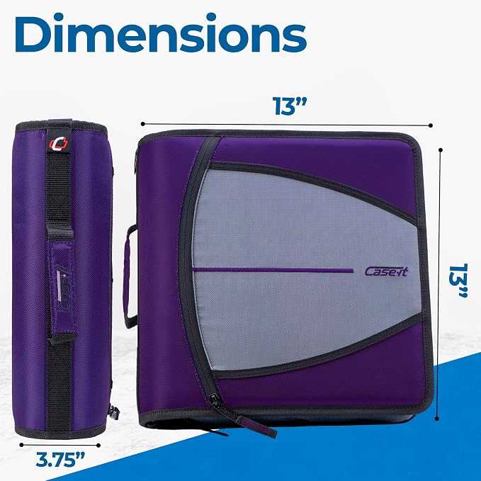 Case-it Zipper Binder | 3-Inch O-Rings | 600-Sheet | D-146 Purple Eclipse | Mighty Zip Tab, 5-Subject Expanding File Folder, Multiple Pockets, Storage Organizer, Shoulder Strap, School & Office