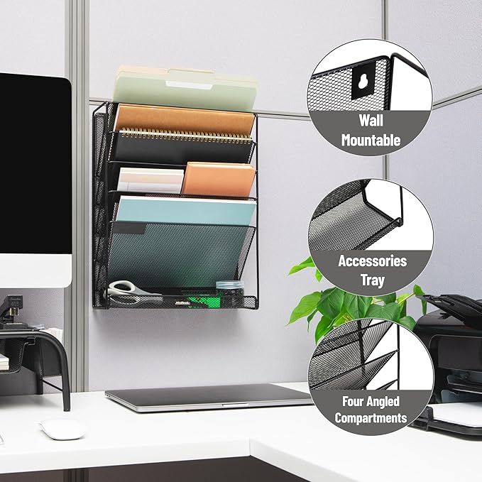 Mind Reader 5-Pocket Vertical File Storage, Desktop Organizer, Wall Mount, Office, Metal Mesh, Black