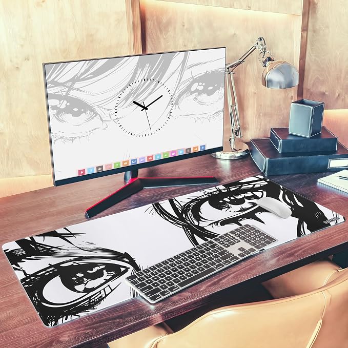 XXL Anime Eyes Gaming Mouse Pad - Manga Girl Black & White Desk Mat for Keyboard and Mouse - Non-Slip, Water-Resistant, Stitched Edges - 35.4x15.7 in (XX-Large)