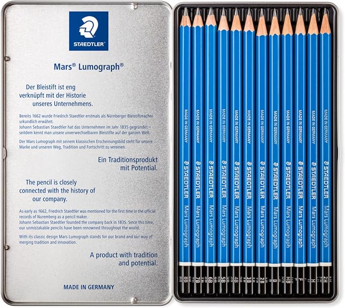 STAEDTLER Mars Lumograph Art Drawing Pencils (12-Pack) - Sustainable, Break-Resistant Graphite, Metal Case