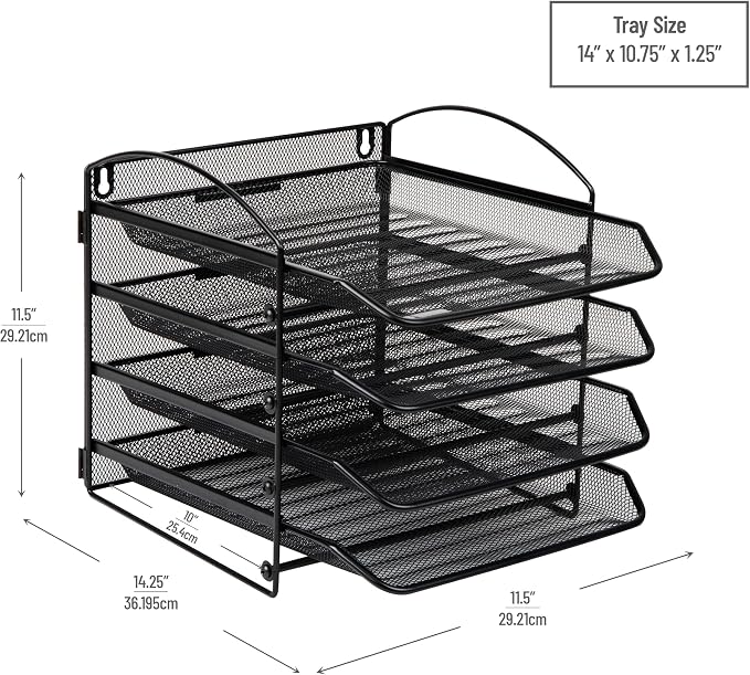 Mind Reader 4-Tier Paper Tray, File Storage, Desktop Organizer, Wall Mountable, File Organization, Metal Mesh, Black