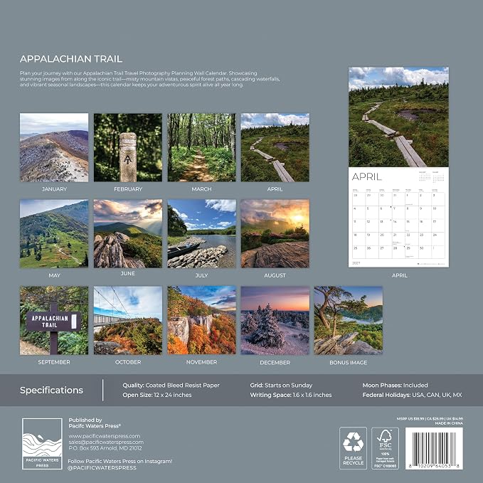 Appalachian Trail 2027 Wall Calendar, 12 x 24 Hanging Pacific Waters Press