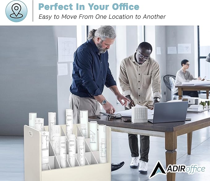 AdirOffice Adir Blue Print Storage Organizer - Mobile Roll File Cart, Construction Plan Holders, Blueprint Cabinet with Wheels, Roll Files Storage for Office and Home (21 Slots, White)