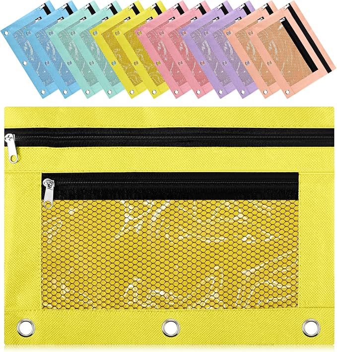 Kosiz 12 Pcs Pencil Pouch, 3 Ring Binder Pencil Pouch, 2 Layer Zipper Pencil Case with Mesh Window, Wear Resistant Oxford Fabric, Multicolored for Student Teacher (Macaron Color)