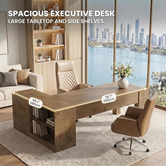 LITTLE TREE 78.7" L Shaped Office Desk with Drawers | Executive Computer Desk with Open Shelves Storage, Farmhouse Large Wooden L Desks Business Furniture, Brown