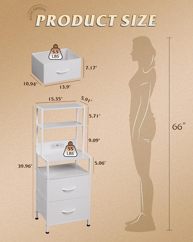 WLIVE Nightstand Set of 2 with Charging Station, LED Night Stands with 2 Fabric Drawers and 4 Storage Open Shelves, Bedside Table for Bedroom, White