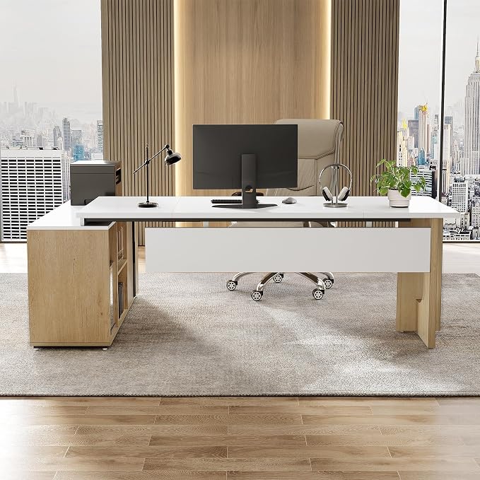 LITTLE TREE 74-Inch Executive L-Shaped Desk with Storage Cabinet & Shelves, Large Home Office Computer Desk, Modern Business Workstation for Professionals (Oak & White)