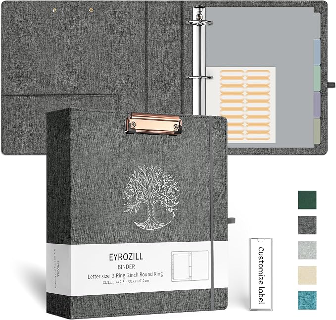EYROZILL 3 Ring Binder 2 Inch, Binder for Letter Size (11" x 8.5") with 5 Tab Dividers, File Folder Labels and Low Profile Clipboards, Life Tree