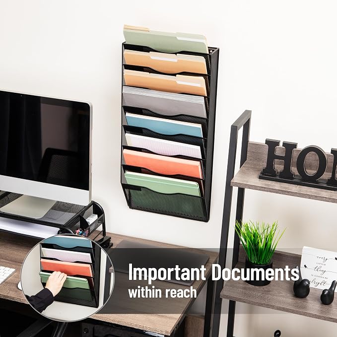 Mind Reader Wall File Organizer, 8 Pocket Hanging Document Rack, Office Wall Mount, Metal Mesh, Black