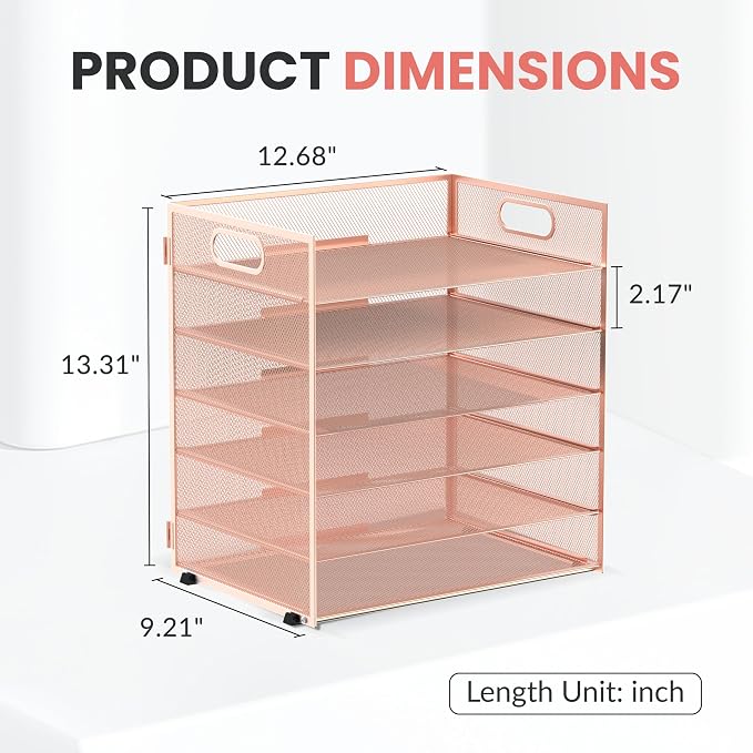 Daltack 6-Tier Paper Organizer for Desk with Handle, Rose Gold, 2 Pack | Sturdy Metal Mesh Organizer with Movable Middle Trays and a Carry Handle for Papers, Folders and Office Supplies