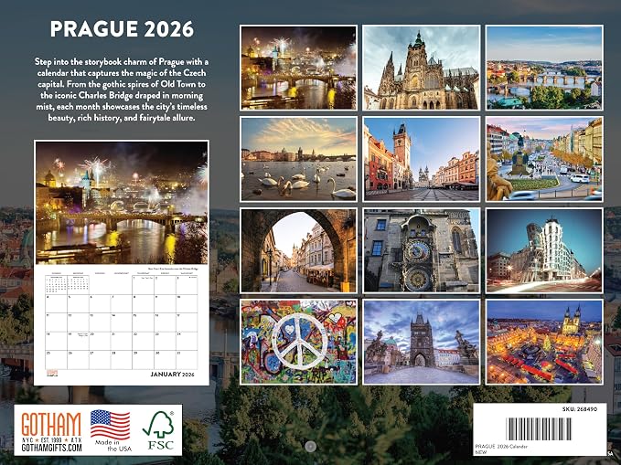 Prague Calendar 2026 Monthly Wall Calender 12 Month | American Made In The USA