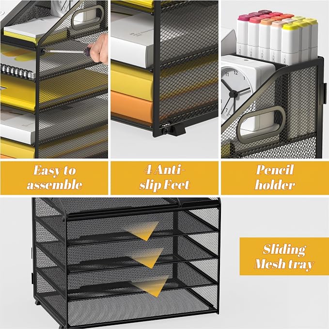 5 Tier Mesh Desk Organizer with Pen Holder and Handle Letter Tray | Metal desktop document shelf and paper sorter. Premium mesh workspace storage for office, home, and classroom