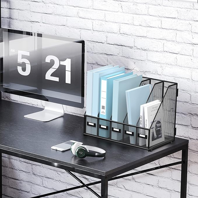 Desk Organizers Metal Desk Magazine File Holder with 5 Vertical Compartments Rack File Organizer for Office Desktop, Classroom, Home Workspace, Black